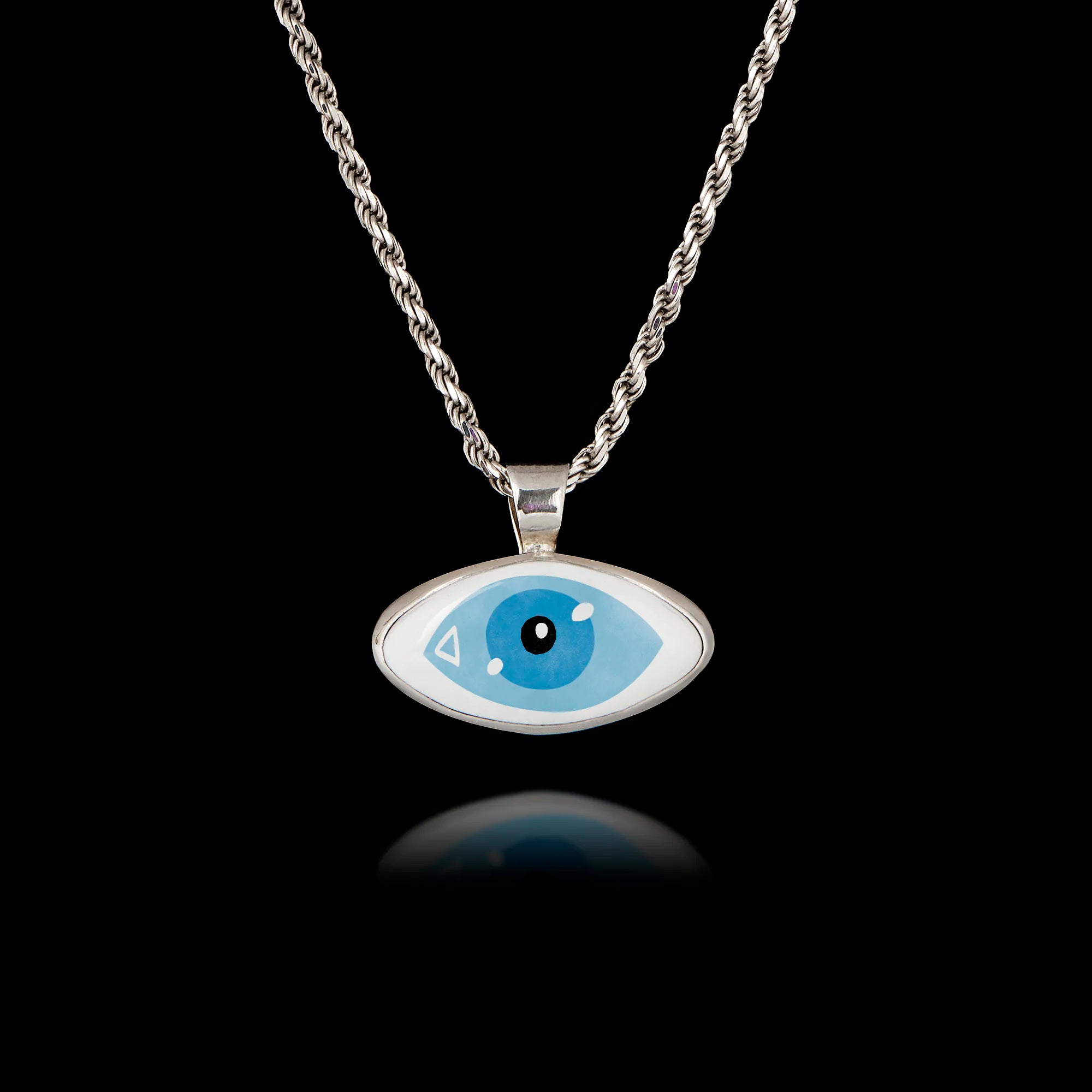 Stylized Blue Evil Eye Silver Pendant - Modern Pop Art Necklace