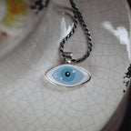 Stylized Blue Evil Eye Silver Pendant - Modern Pop Art Necklace