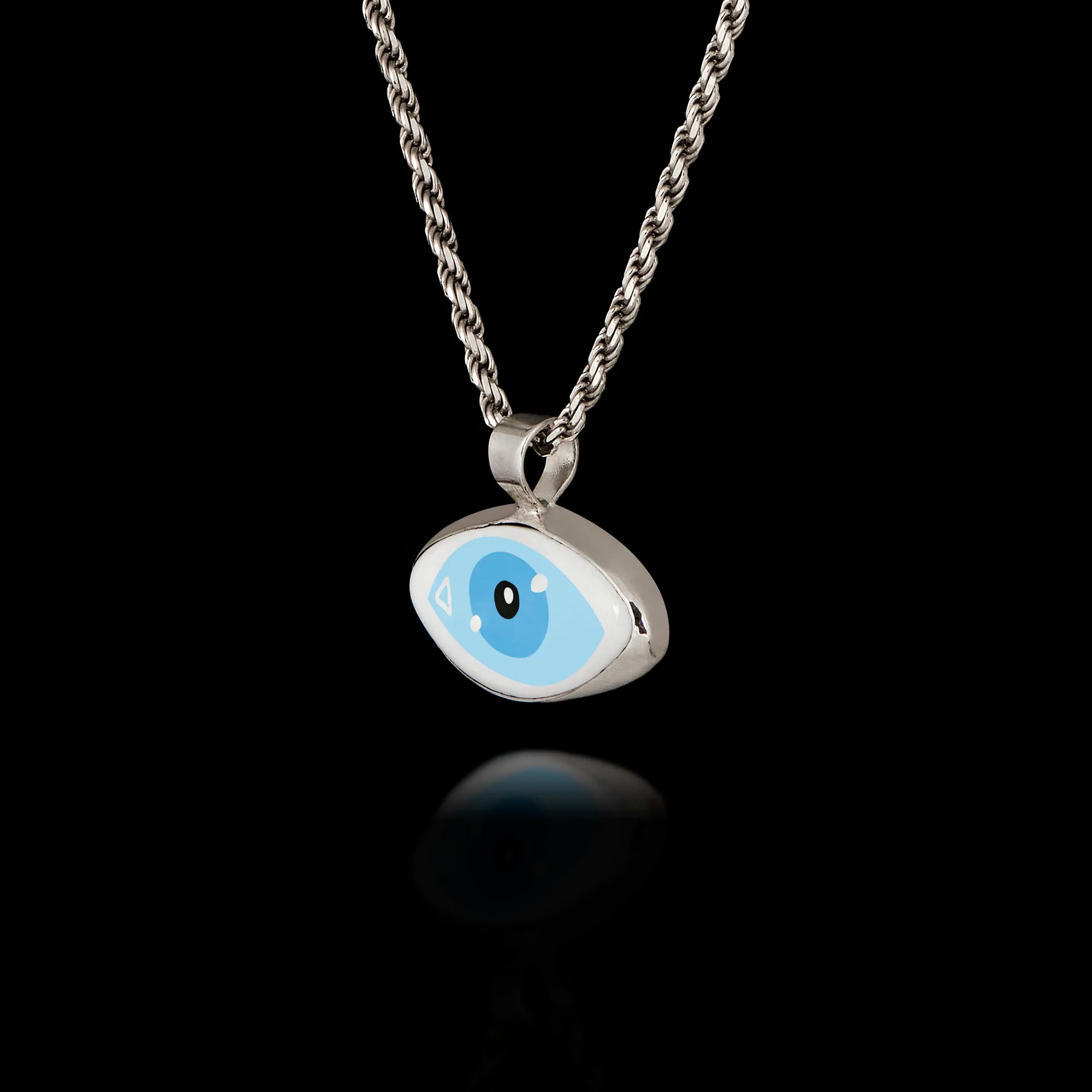 Stylized Blue Evil Eye Silver Pendant - Modern Pop Art Necklace