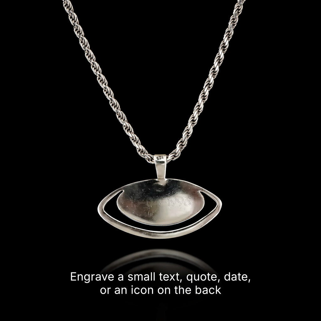 Patterned Evil Eye Silver Pendant - Folk Art Protection Necklace