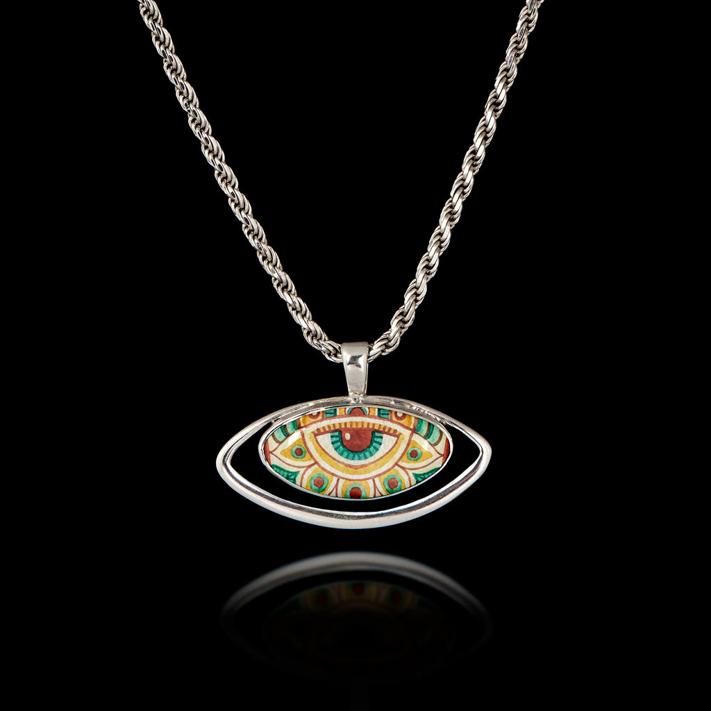 Patterned Evil Eye Silver Pendant - Folk Art Protection Necklace