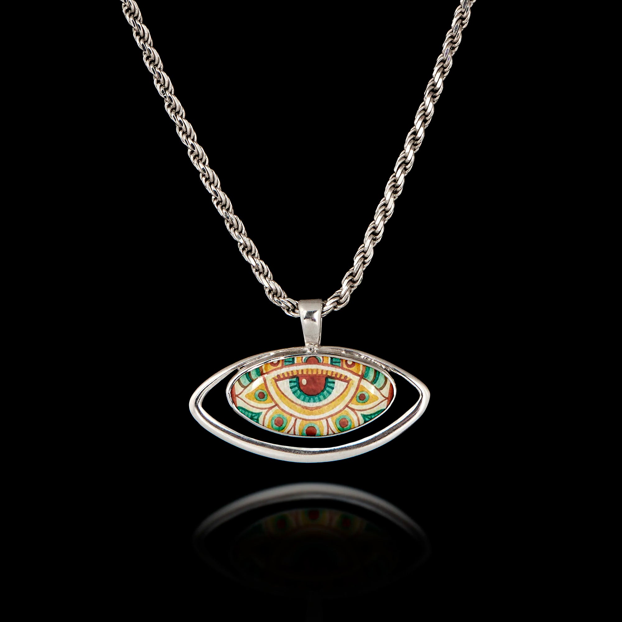 Patterned Evil Eye Silver Pendant - Folk Art Protection Necklace Main image