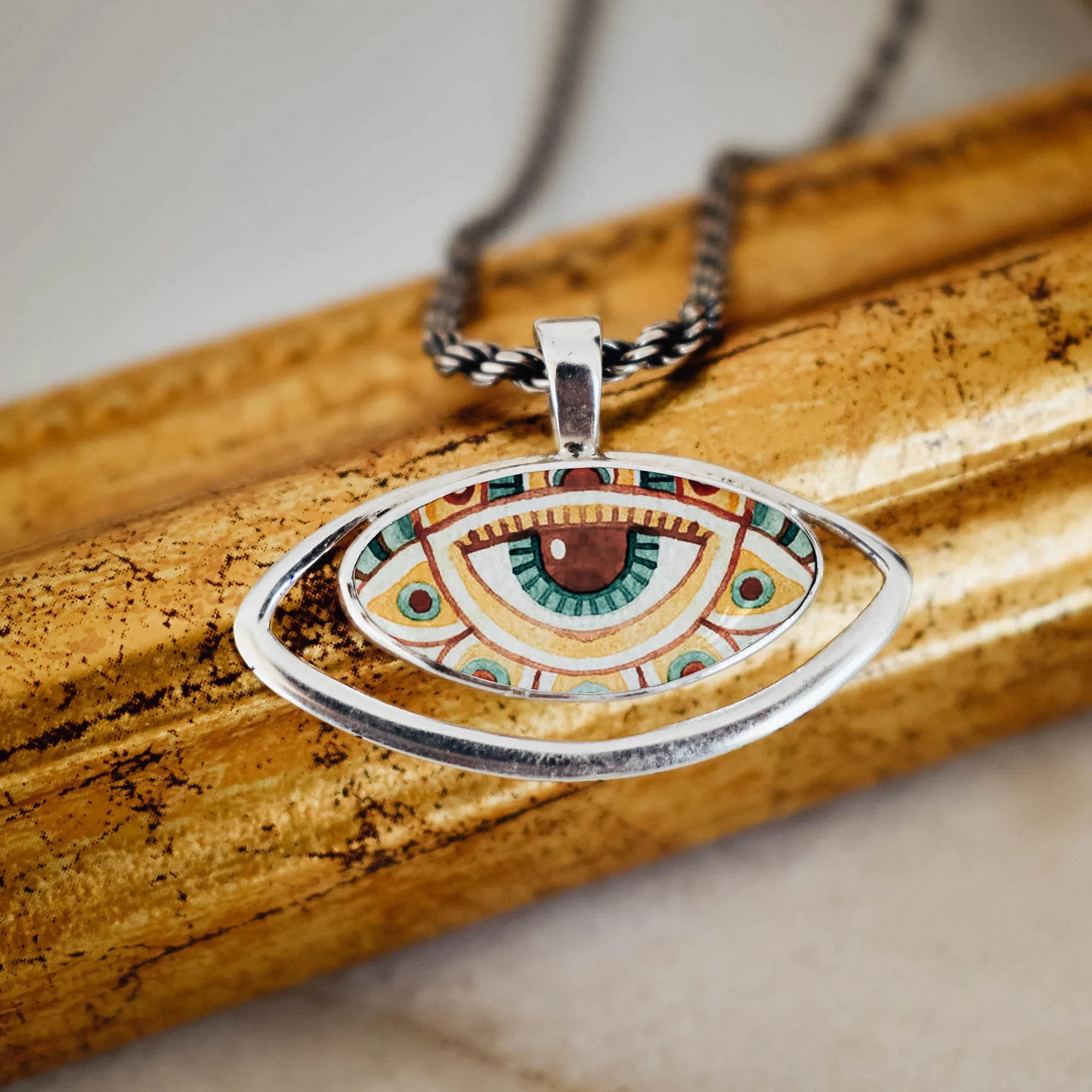 Patterned Evil Eye Silver Pendant - Folk Art Protection Necklace