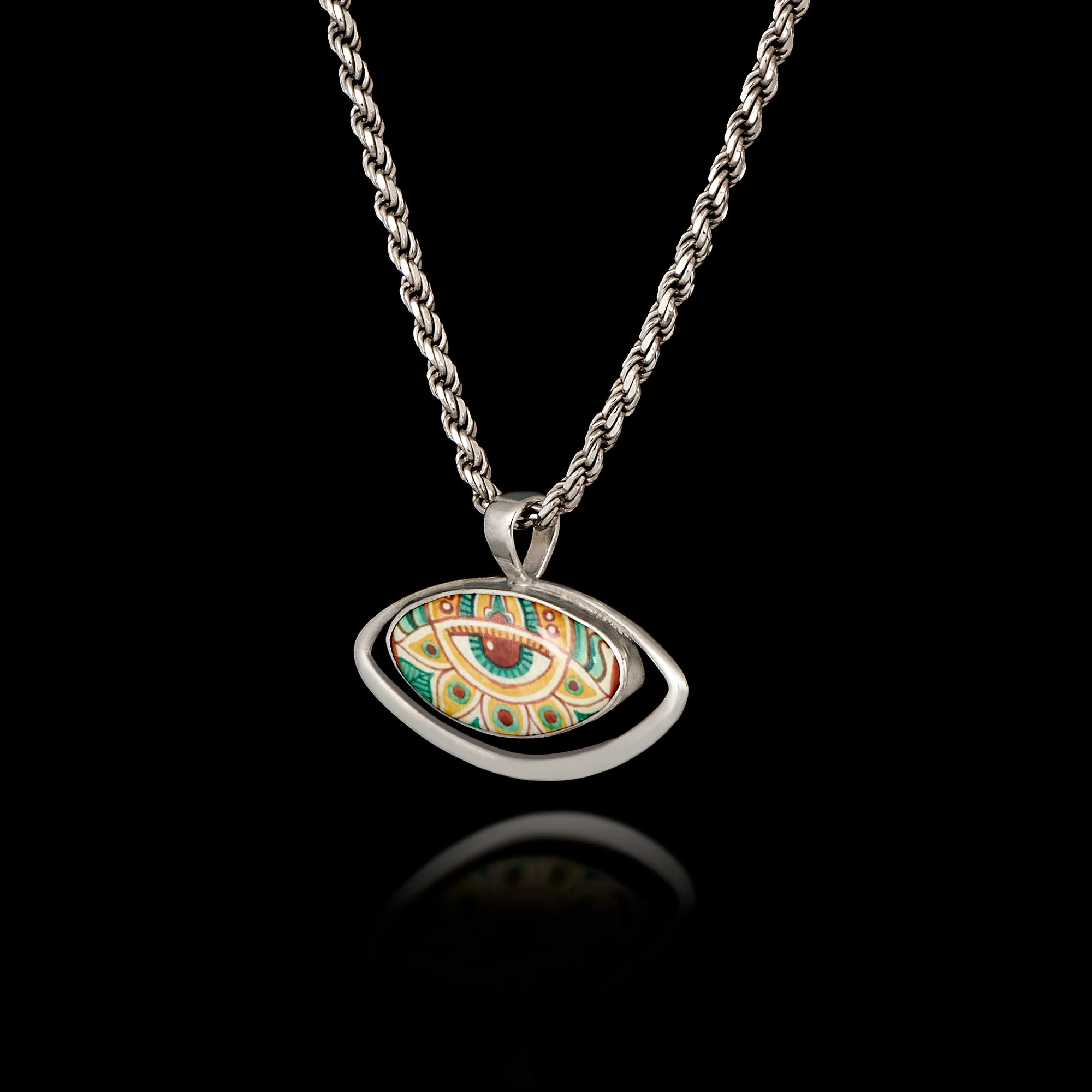 Patterned Evil Eye Silver Pendant - Folk Art Protection Necklace