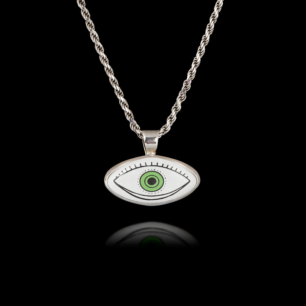 Green Graphic Evil Eye Silver Pendant - Modern Sketch Art Necklace
