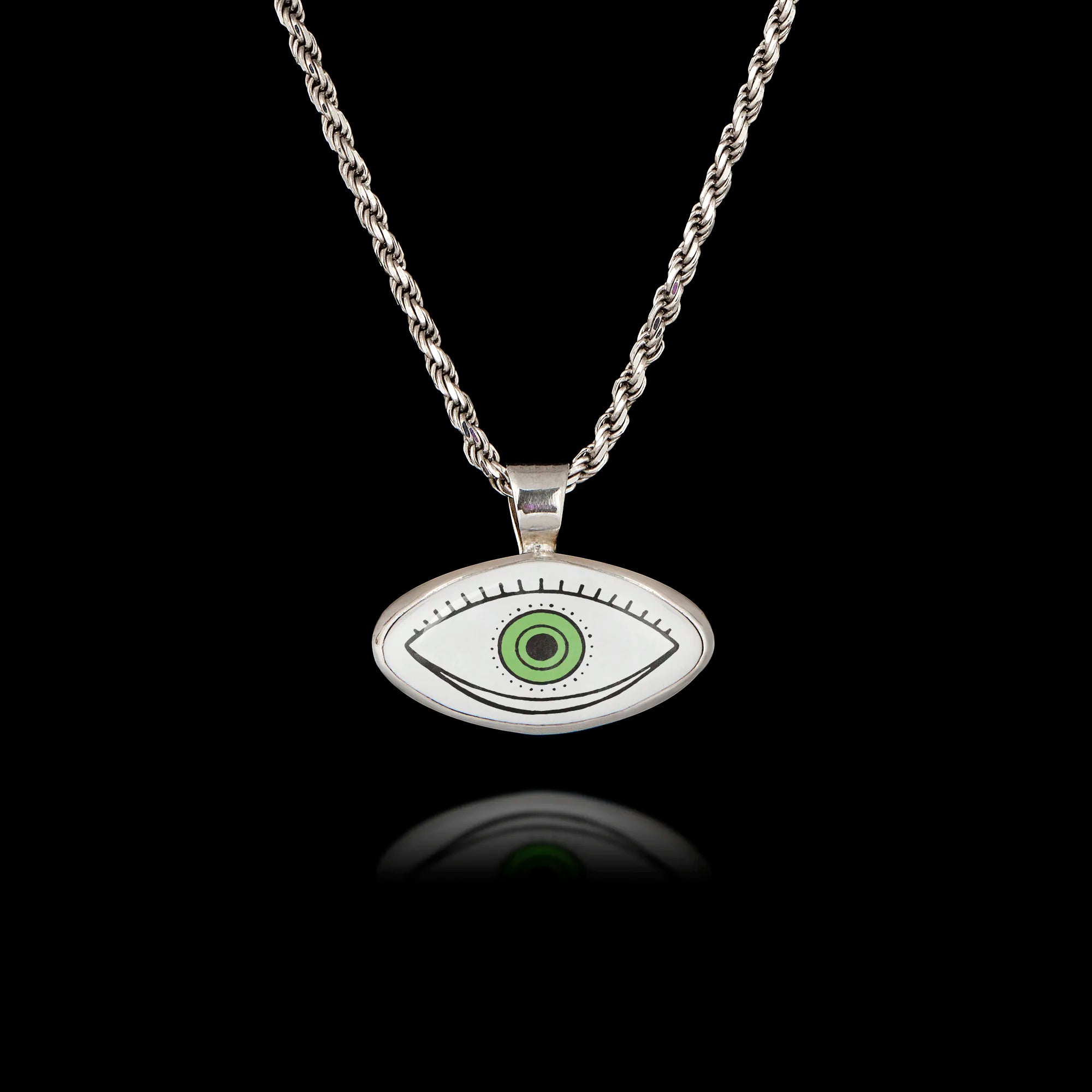 Green Graphic Evil Eye Silver Pendant - Modern Sketch Art Necklace