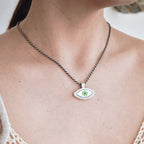 Green Graphic Evil Eye Silver Pendant - Modern Sketch Art Necklace