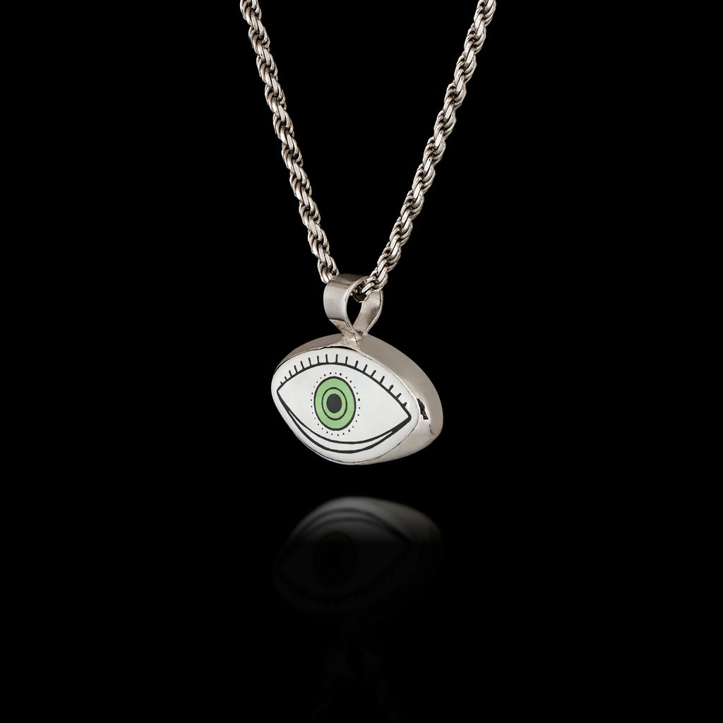 Green Graphic Evil Eye Silver Pendant - Modern Sketch Art Necklace