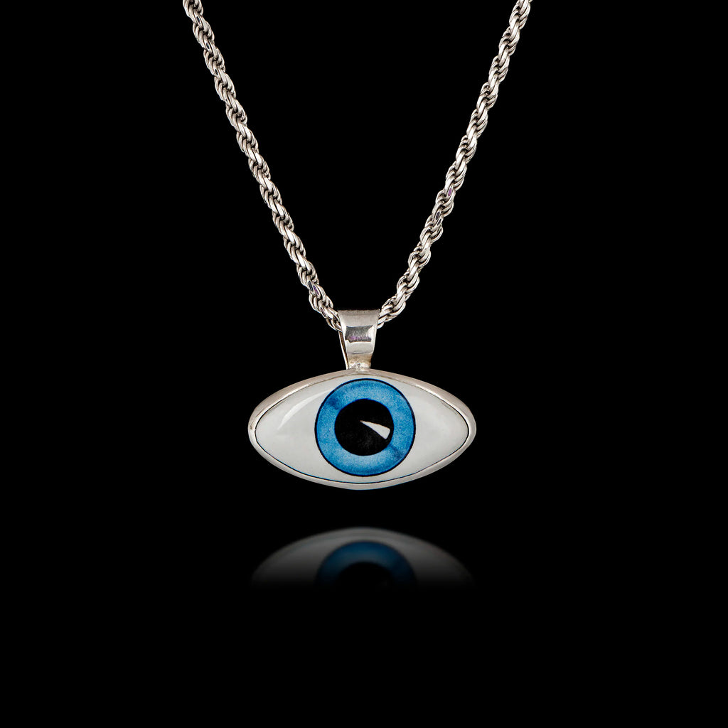Realistic Deep Blue Evil Eye Silver Pendant - Greek Mati Necklace