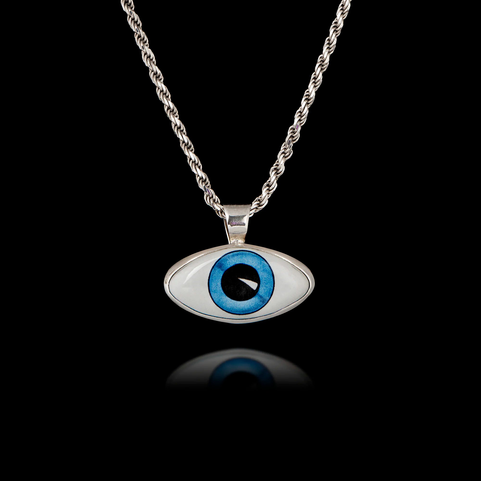Realistic Deep Blue Evil Eye Silver Pendant - Greek Mati Necklace
