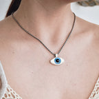 Realistic Deep Blue Evil Eye Silver Pendant - Greek Mati Necklace