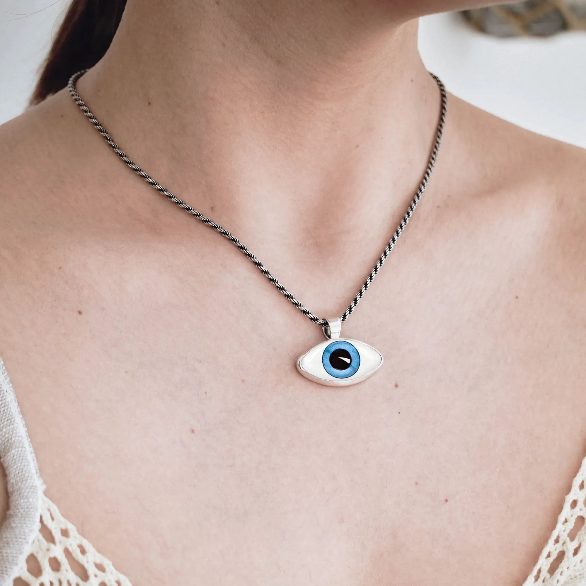 Realistic Deep Blue Evil Eye Silver Pendant - Greek Mati Necklace