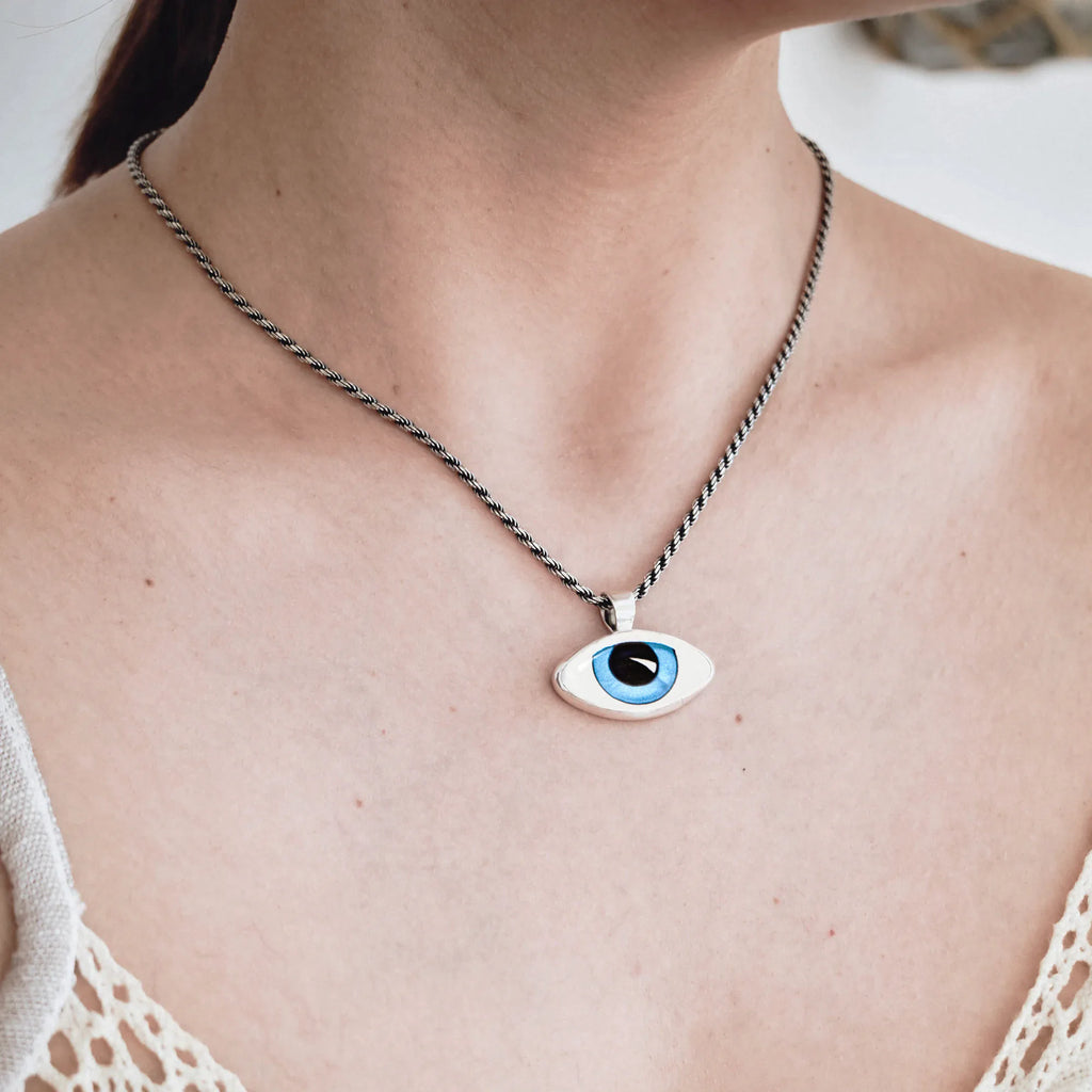Classic Blue Evil Eye Silver Pendant - Traditional Mati Necklace