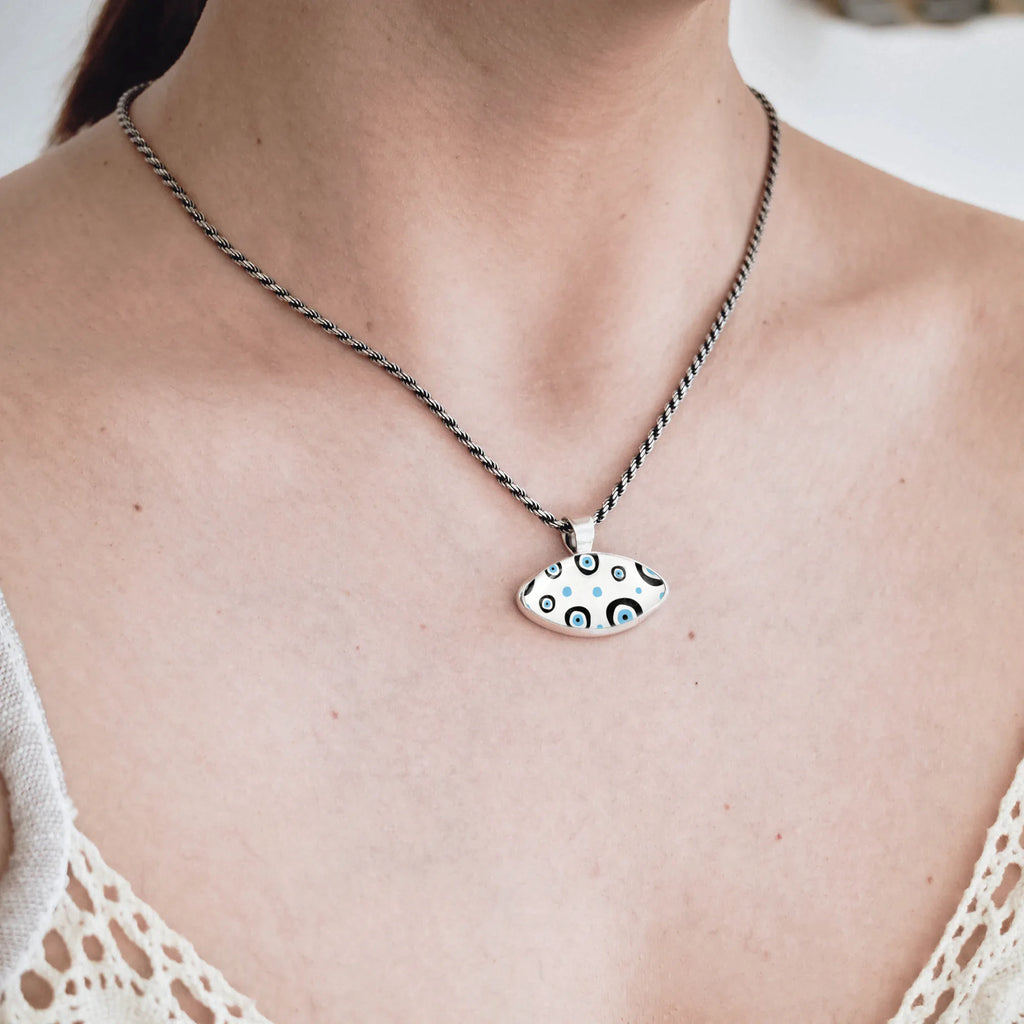 Polka Dot Evil Eye Silver Pendant - Modern Pop Art Necklace